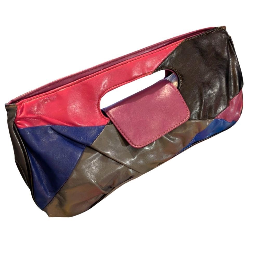 Vintage Women's Faux Leather Multi Color Patchwork Clutch Bag Purse